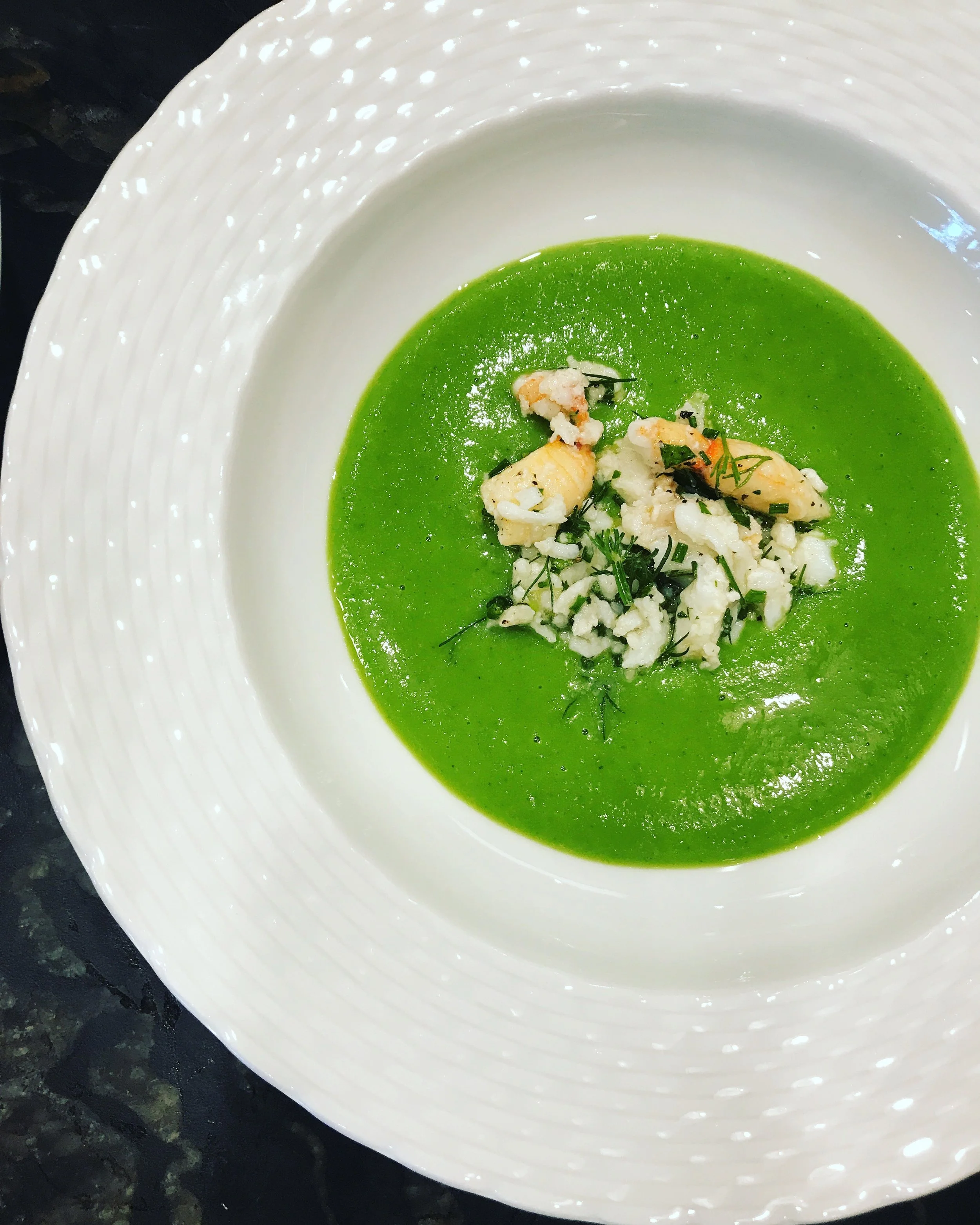 Chilled pea soup with spanner crab and dill&nbsp;