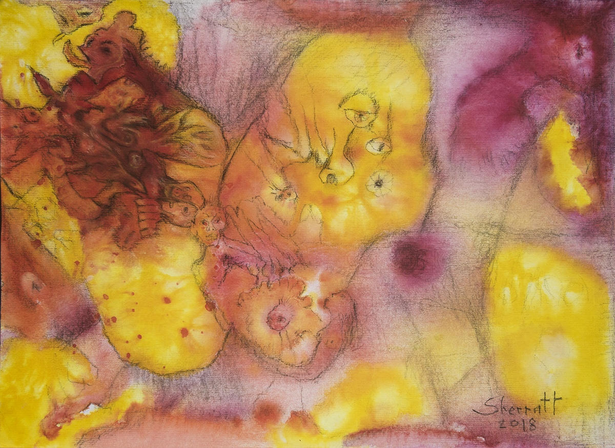 Title: ‘Enigmatic Plasma’, 2018 Medium: Ink, pigment, and pastels on paper Size: 55 x 40 cm Location: Bruce Sherratt Gallery, Bali