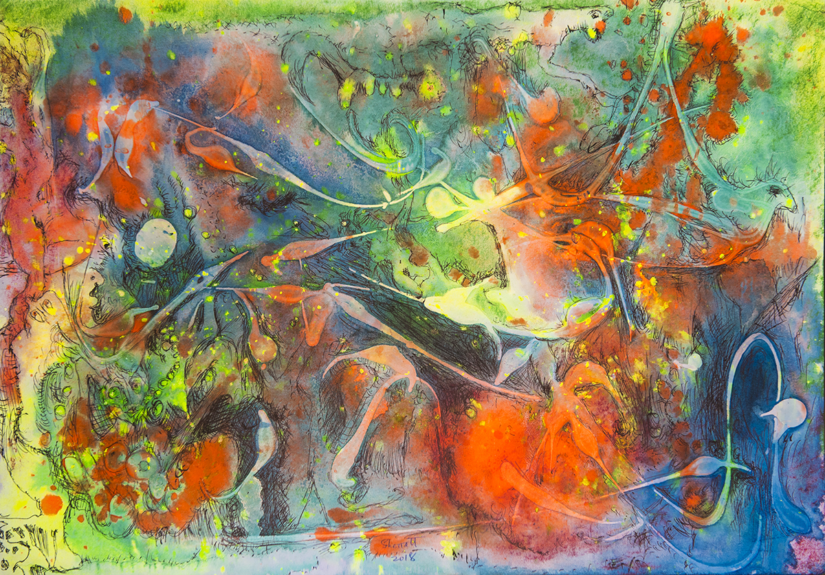 Title: 'Falling Angels', 2018 Medium: Ink, pigment, and pastels on paper Size: 55 x 40 cm Location: Bruce Sherratt Gallery, Bali