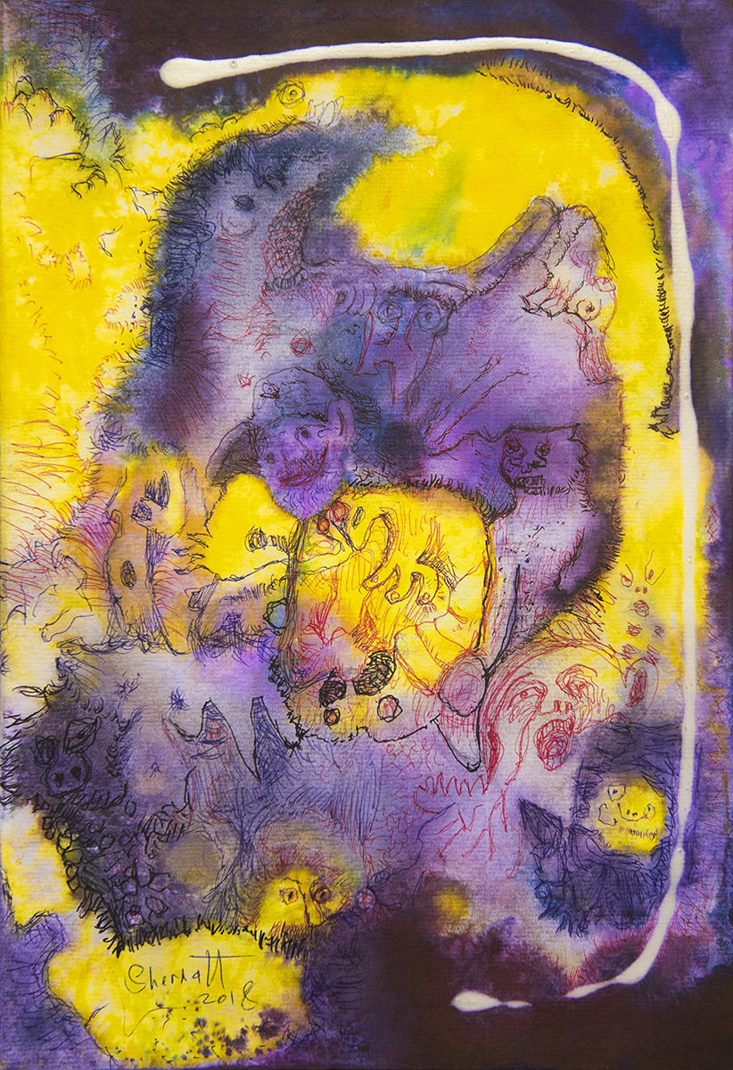 Title: 'Ecstasy in a Broken Space', 2018 Medium: Ink, pigment, and pastels on paper Size: 27 x 40 cm Location: Bruce Sherratt Gallery, Bali
