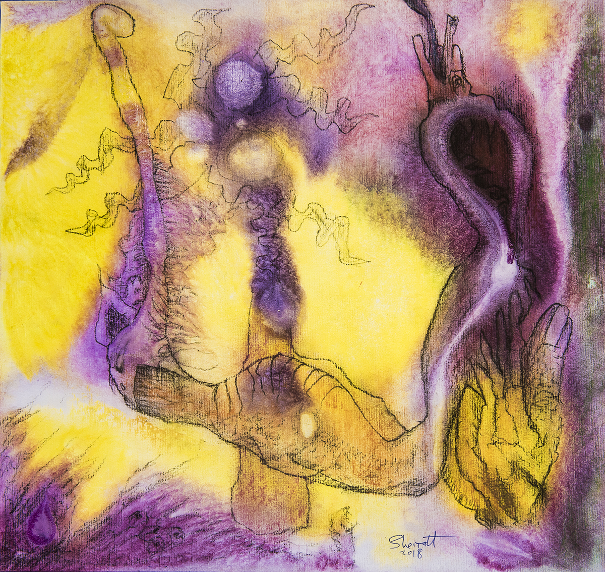 Title: 'Dream and the Tug of Reality', 2018 Medium: Charcoal pencil, pigment, and pastels on paper Size: 35 x 40 cm Location: Bruce Sherratt Gallery, Bali