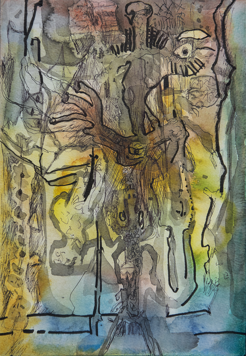 Title: 'Psychic Masochism', 2017 Medium: Pen, ink, and pure pigment on paper Size: 20.5 x 29.5 cm Location: Bruce Sherratt Gallery, Bali