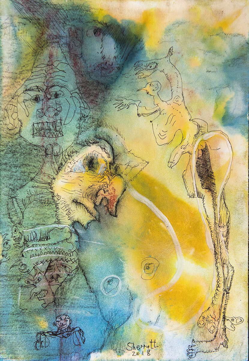 Title: 'Endless Misunderstandings’, 2018 Medium: Ink, pigment, and pastels on paper Size: 27 x 39.5 cm Location: Bruce Sherratt Gallery, Bali