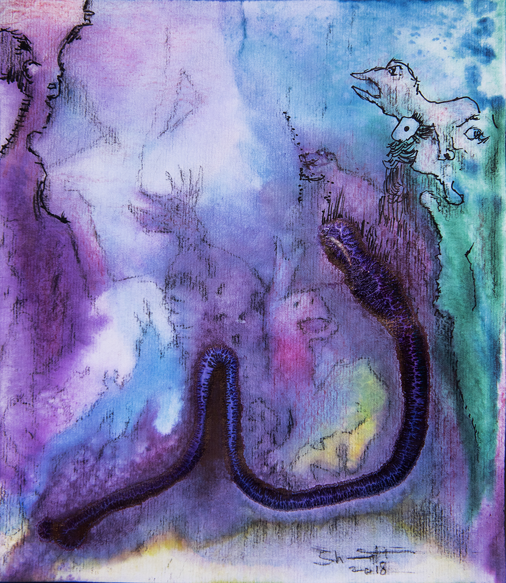 Title: 'Myth of The Numinous Dark Snake’, 2018 Medium: Charcoal pencil, pigment, and pastels on paper Size: 28 x 32 cm Location: Bruce Sherratt Gallery, Bali