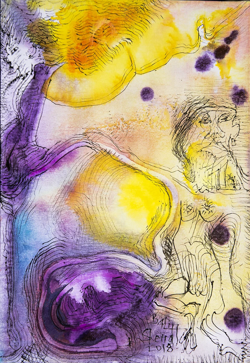 Title: 'The Dance of Life’, 2018 Medium: Charcoal pen, ink, pigment, and pastels on paper Size: 27.5 x 39.5 cm Location: Bruce Sherratt Gallery, Bali