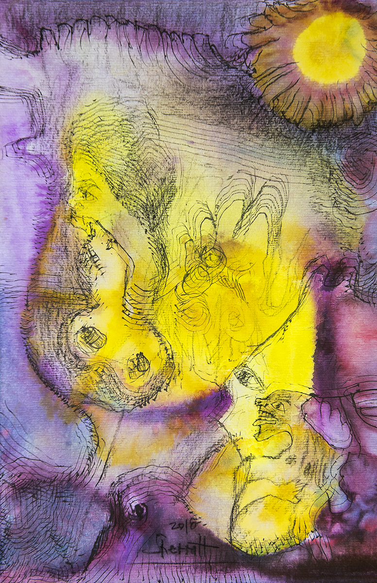 Title: 'Instigated by The Trickster I’, 2018 Medium: Charcoal pencil, ink, pigment, and pastels on paper Size: 26 x 40 cm Location: Bruce Sherratt Gallery, Bali