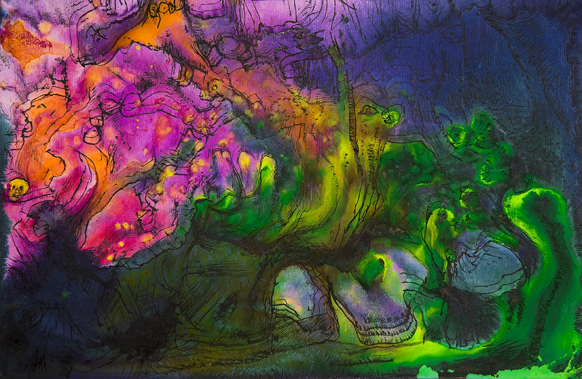 Title: 'Subterranean Spirits’, 2018 Medium: Charcoal pencil, pigment, and pastels on paper Size: 39 x 26 cm Location: Bruce Sherratt Gallery, Bali