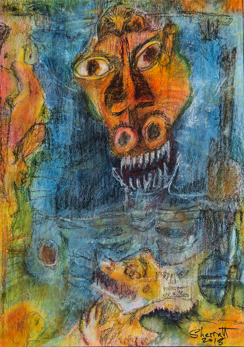 Title: 'Disillusionment and The Gnashing of Teeth’, 2018 Medium: Charcoal pencil, pigment, and pastels on paper Size: 34.5 x 39 cm Location: Bruce Sherratt Gallery, Bali