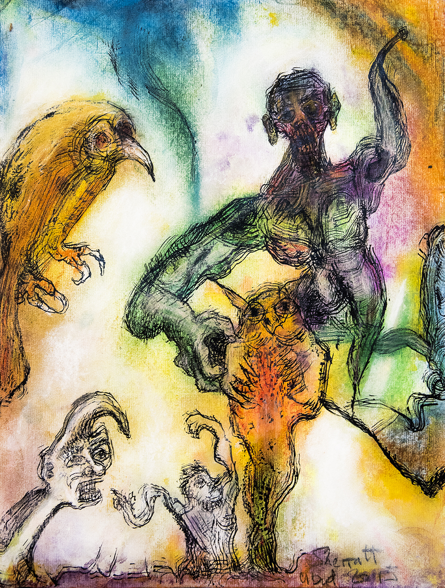 Title: 'They Are Envoys and Interpreters That Ply Between Heaven and Earth’, 2018 Medium: Charcoal pencil, ink, pigment, and pastels on paper Size: 39 x 52 cm Location: Bruce Sherratt Gallery, Bali