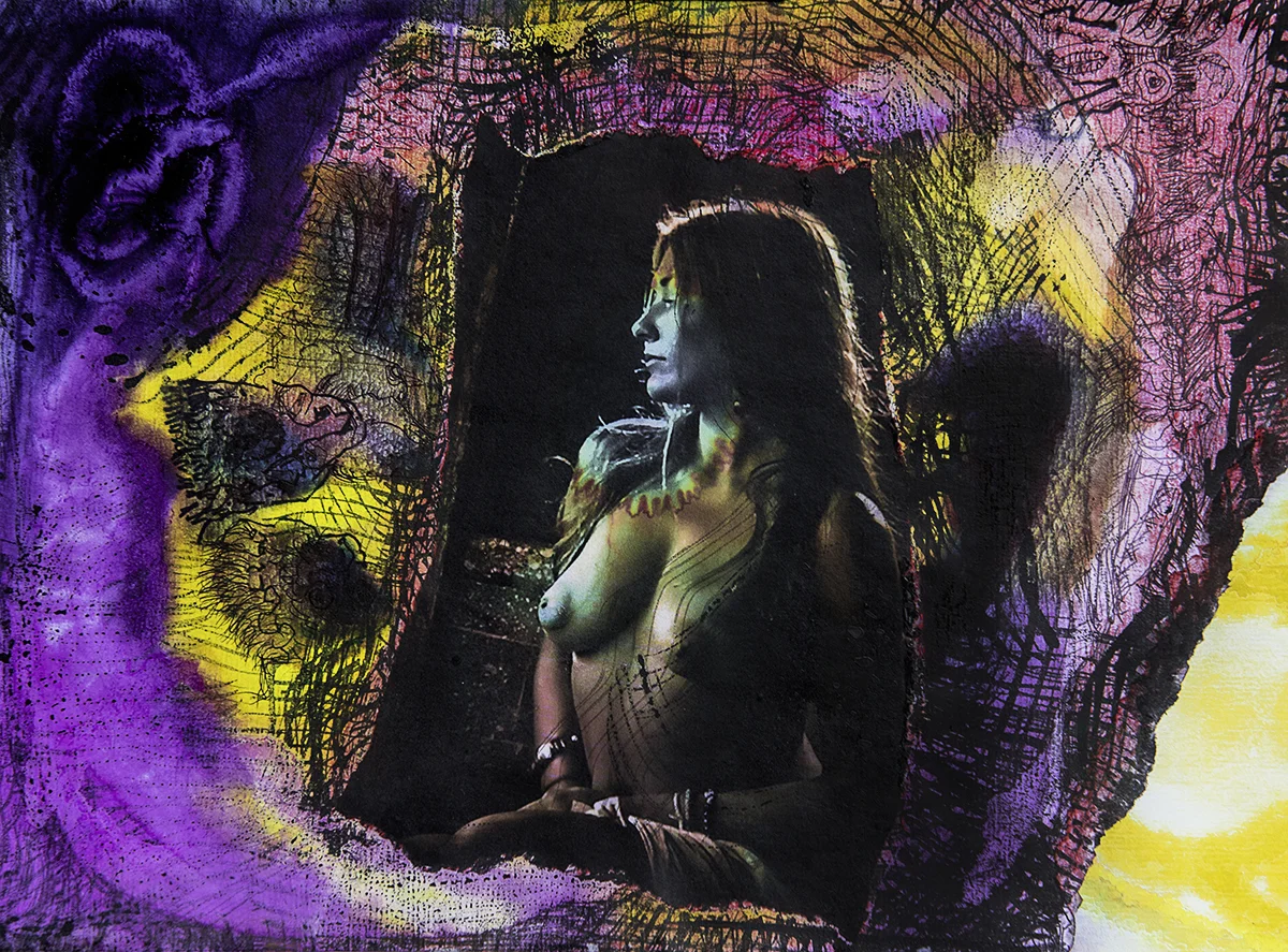 Title: 'Russian Beauty in Bali’, 2018 Medium: Pure pigment, ink, pen, and photomontage on paper Size: 39 x 29 cm Location: Bruce Sherratt Gallery, Bali