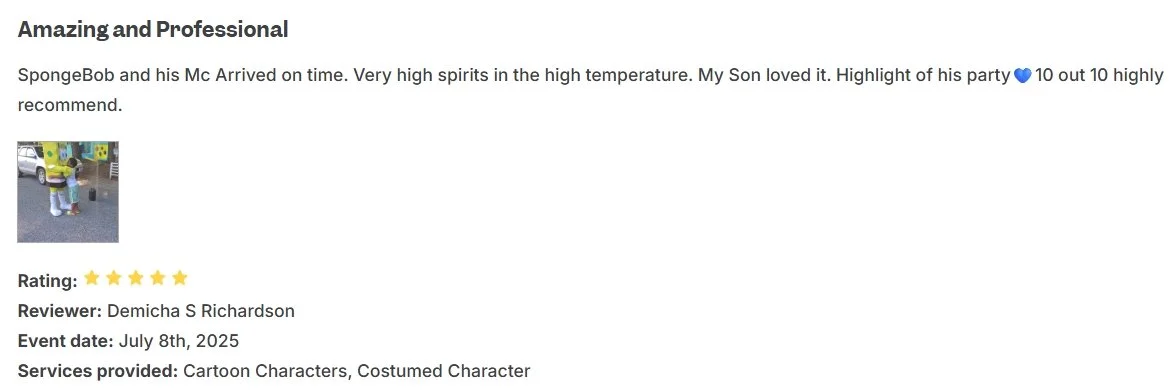 A review listing from a service platform. It includes a small photo of two children with birthday hats, colorful decorations, and a vehicle in the background. The review praises SpongeBob and mentions a successful party with 10 out of 10 recommendation.