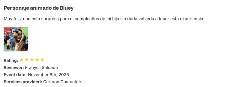 Photo of a person in a blue cartoon character costume at an event, posing with a young girl. The background shows other people and a colorful setting.