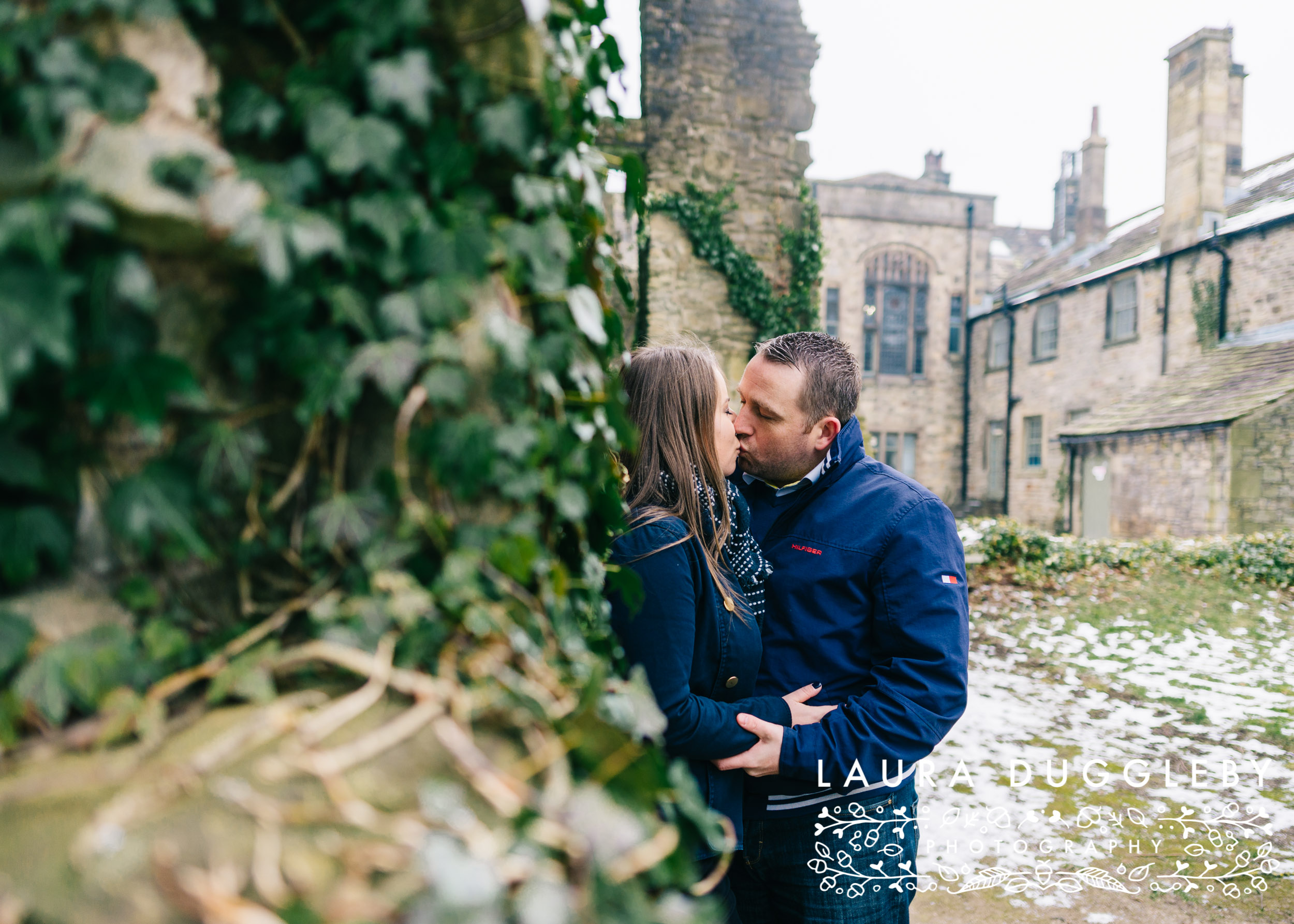 snowy whalley abbey engagement shoot in the ribble valley
