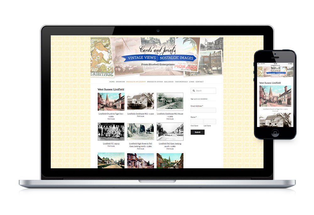 Desktop and mobile web product page design for Vintage Pics, cards and prints online shop.