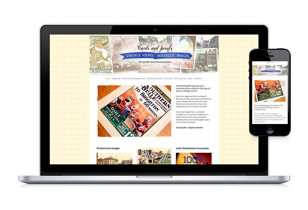 Desktop and mobile web homepage design for Vintage Pics, cards and prints online shop.