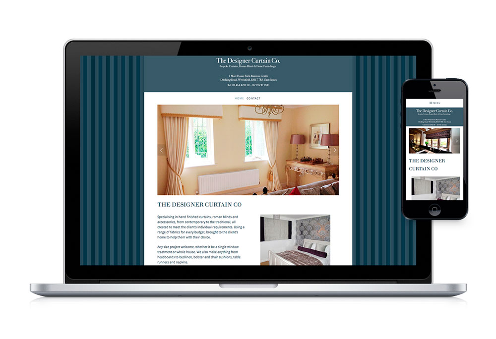 Desktop and mobile web homepage design for The Designer Curtain Company.