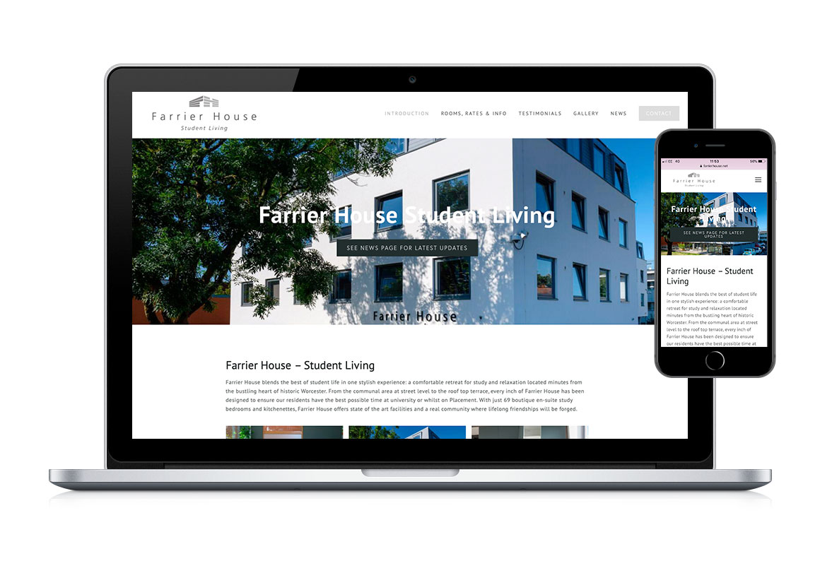 Desktop and mobile web homepage design for Farrier House Student Living