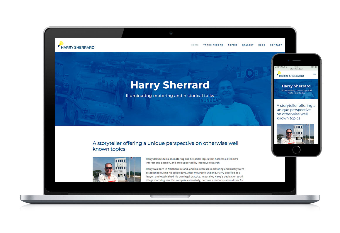 Desktop and mobile web homepage design for Harry Sherrard, public speaker.