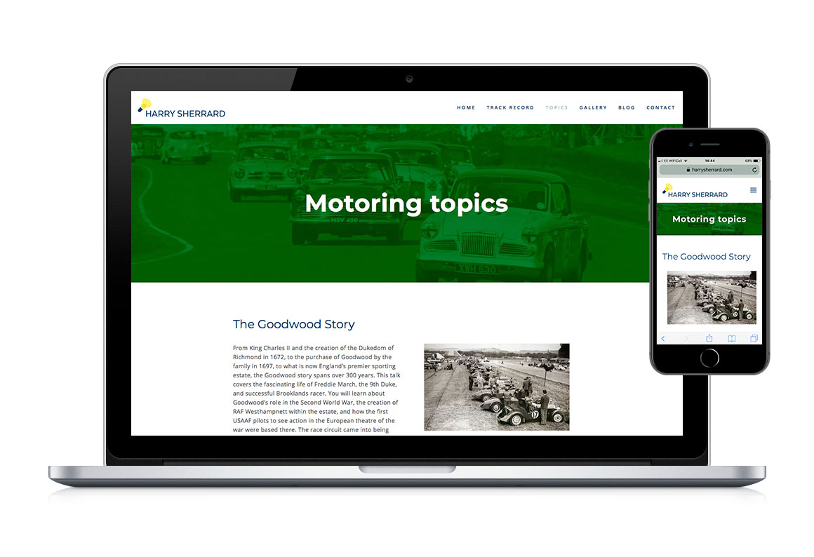 Desktop and mobile web page design for Harry Sherrard, public speaker