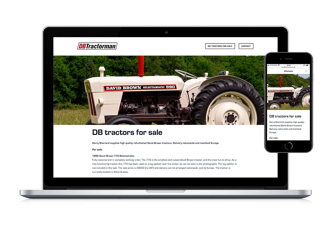 Website design for DB Tractorman based in West Sussex showcasing restored David Brown tractors for sale.