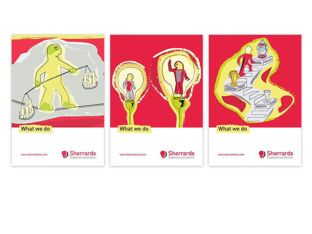  Sherrards Employment Law Solicitors: Folders with inside pockets. Three different covers. Illustrations, design/artwork. 