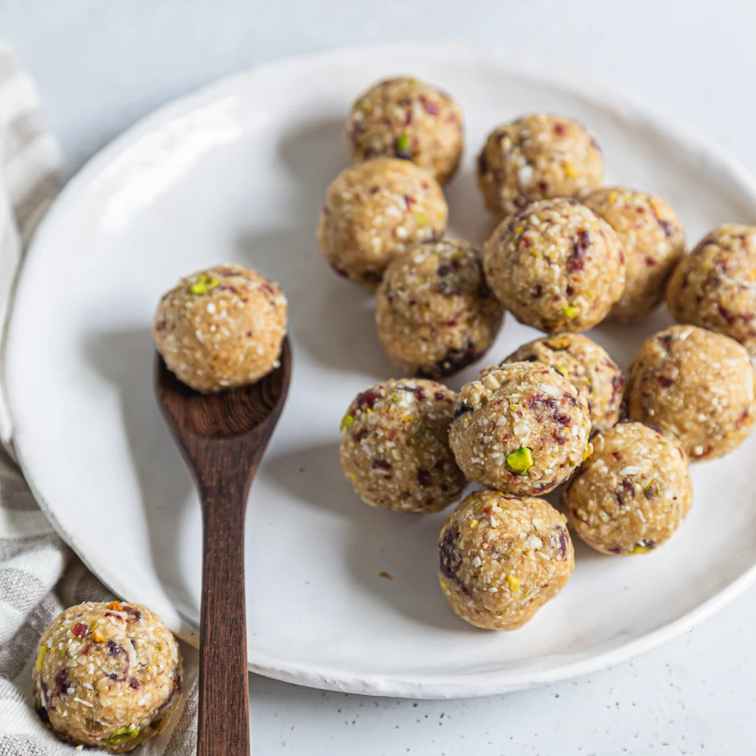 MELATONIN-BOOSTING CHERRY, PISTACHIO & COCONUT BLISS BALLS