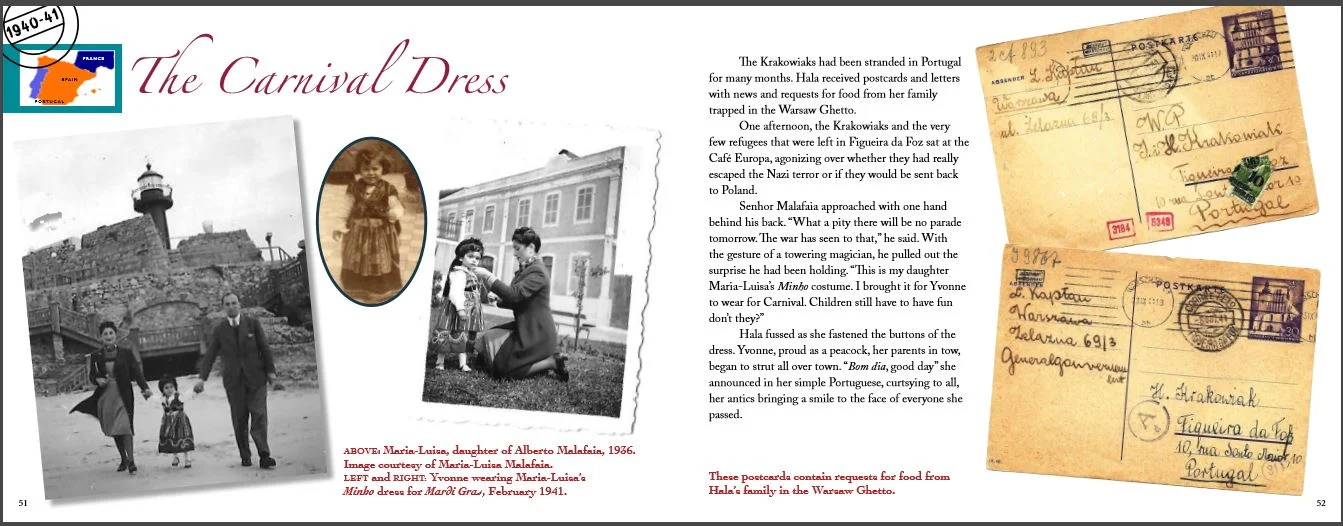 This is a spread from My Sister's Eyes: A Family Chronicle of Rescue and Loss During World War II.&nbsp;&nbsp; &nbsp;Maria Luisa Malafaia in the the small sepia photo (center left). Post cards from the Warsaw Ghetto (right)&nbsp;addressed to Hala Kr…