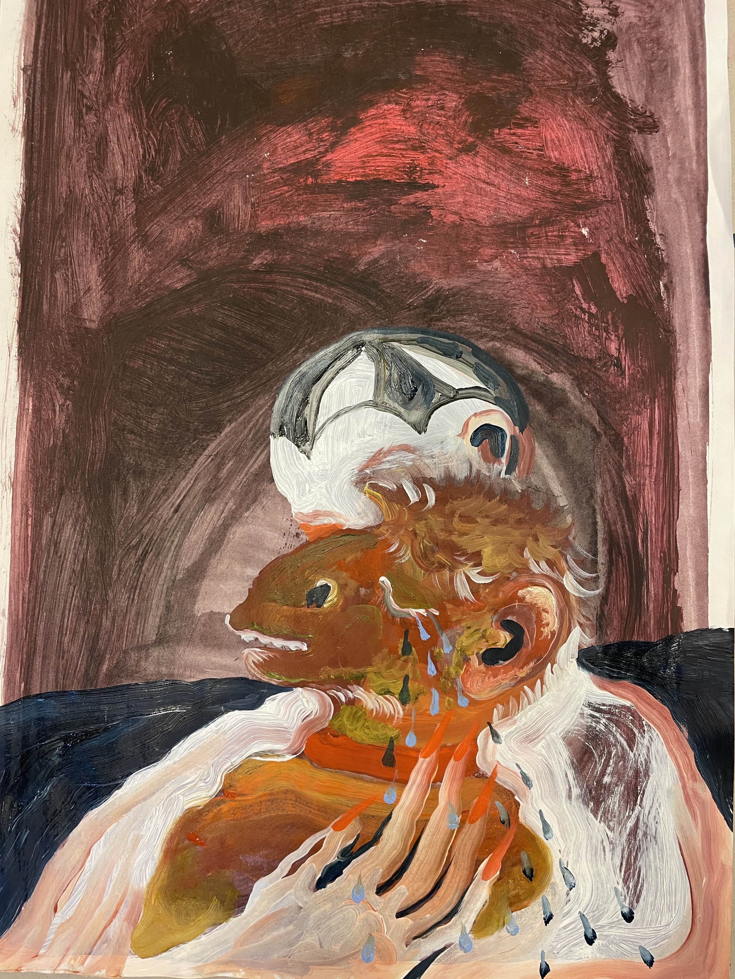 "A fool crying over his dead monkey" acrylic on paper 50x35 cm, 2022