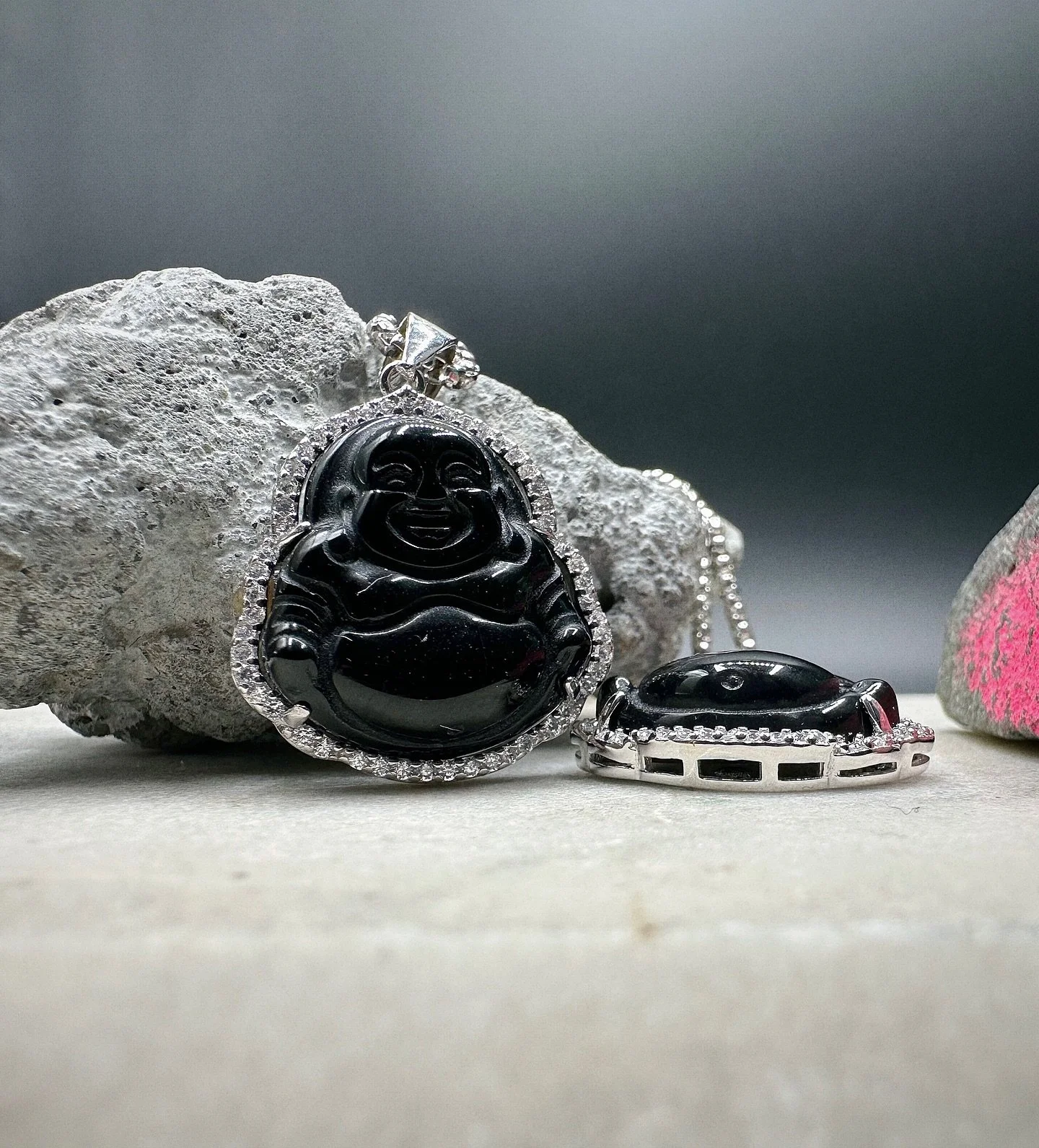 The BKB Onyx Buddha Necklace is crafted from solid 925 sterling silver, featuring a hand-carved black onyx Buddha charm surrounded by high-quality cubic stones that catch the light with subtle brilliance. Paired with a matching 925 silver chain, this