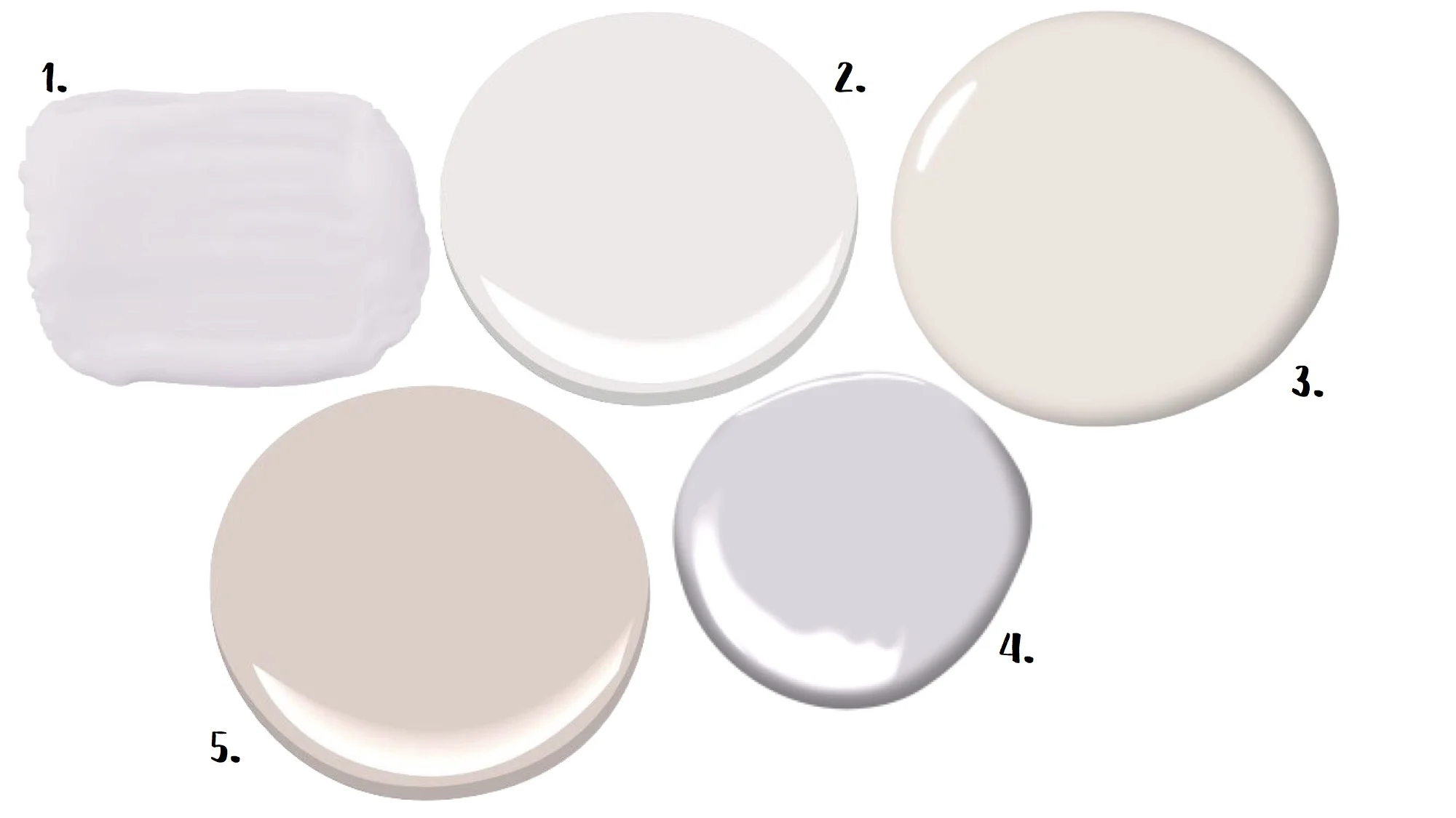1. Opulent Opal (Behr) 2. Oyster (Benjamin Moore) 3. Spooled White (Dunn-Edwards) 4. Touch of Gray (Benjamin Moore) 5. Morristown (Benjamin Moore)