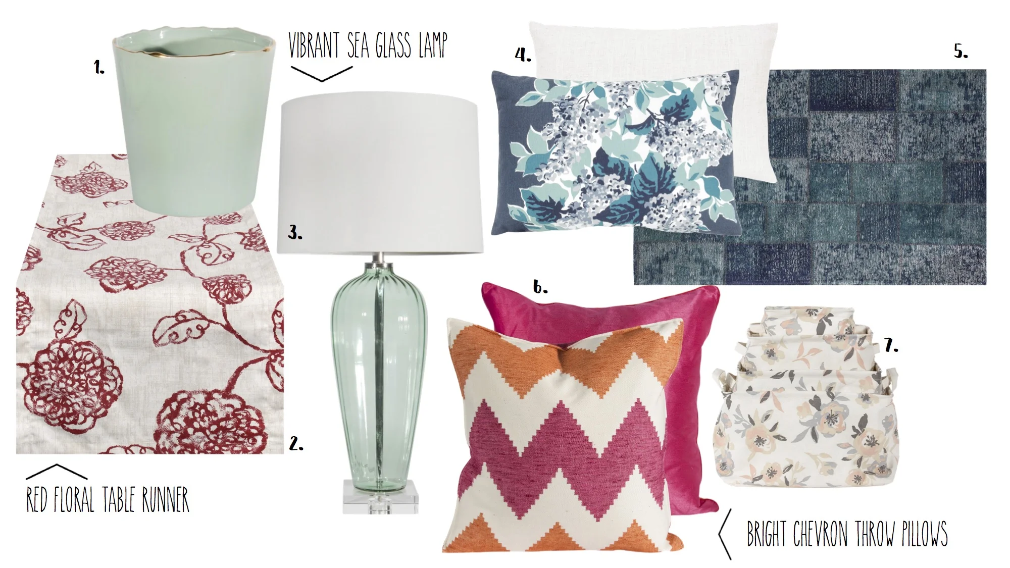 1 . Mint Vase with Gold Painted Rim - $28.95 2 . Floral Runner - $39.00 3. Sea Glass Lamp - $189.95 4 . Blue Floral Pillow - $68.95 5. Blue Rug - $225.95 6 .Chevron Pillow - $76.95 7. Floral Baskets - $44.95