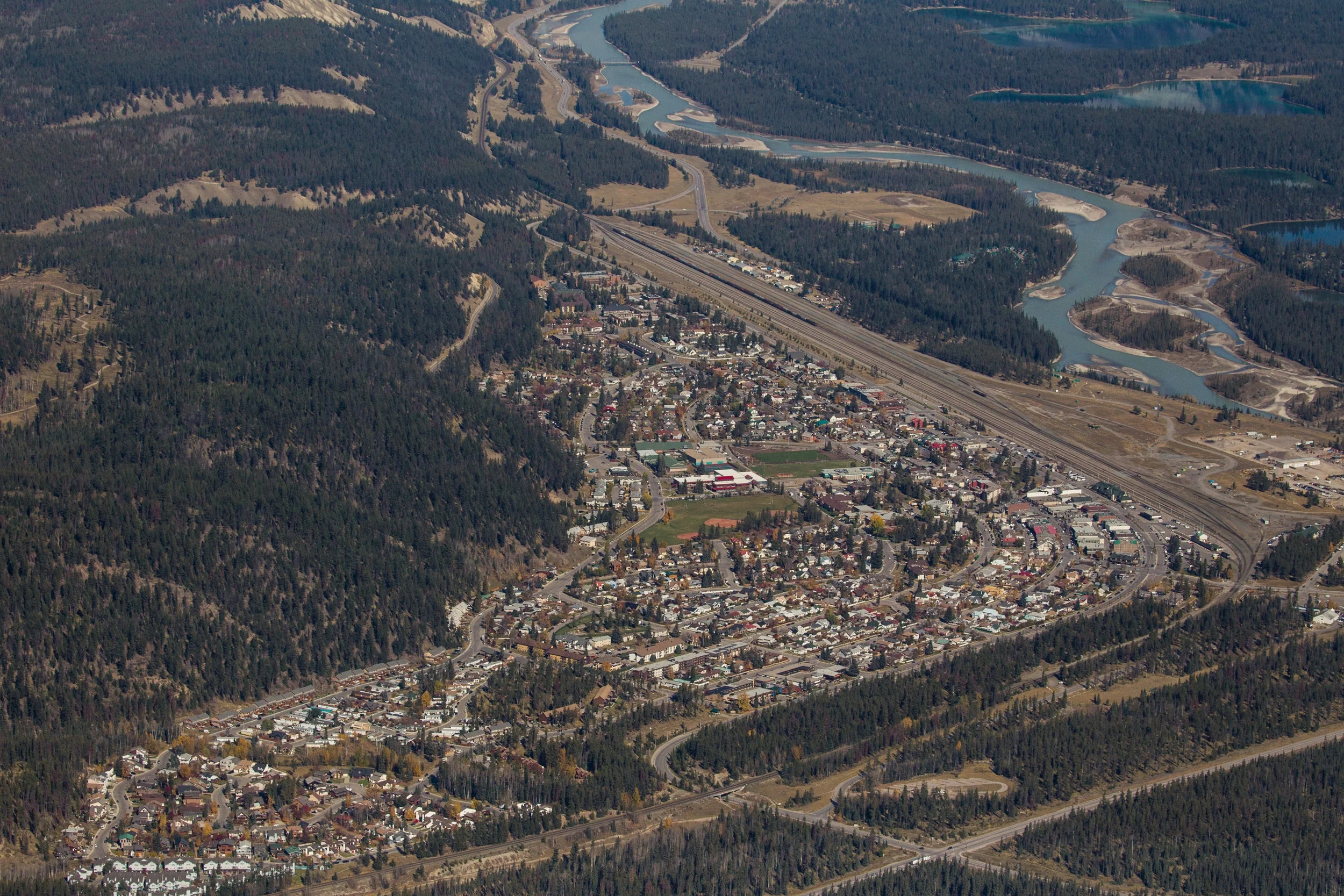  The City of Jasper, Canada, from top of a mountain tram. &nbsp;Miette River to the right,&nbsp;where &nbsp;our cabin was located. 