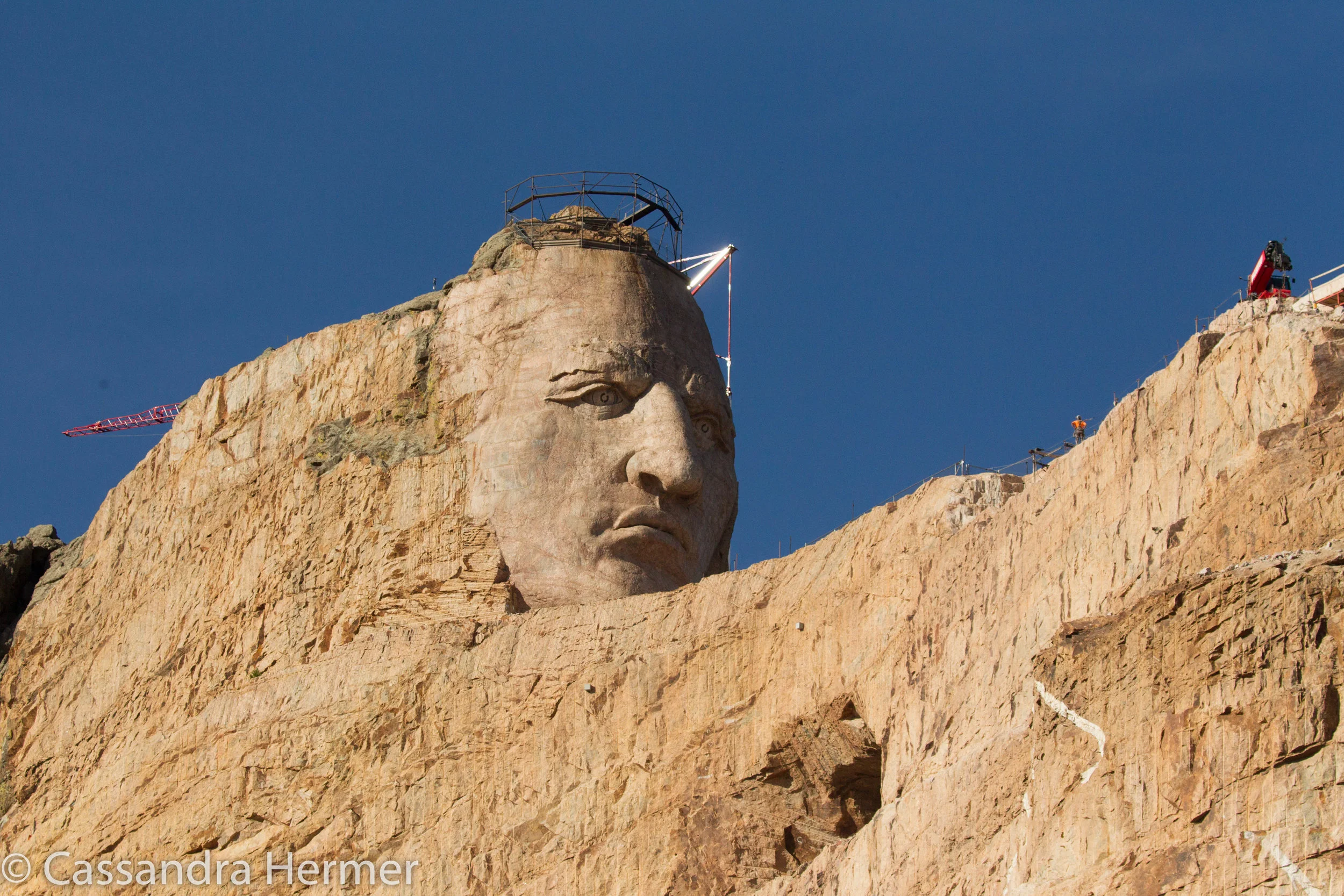  Korczak Ziolkowshi started Crazy Horse in 1948,and is projected to be completed in about fifty more years. The face is the only thing completed. He will be sitting on a horse when finished. Will be 641 ft long and 563 ft high. ( if you look closely 