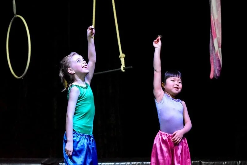 Two children reaching up proudly in front of aerial hoops