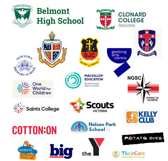 Logos of organisations CircArts has worked with, including Cotton On, the Y, Scouts Victoria and TheirCare