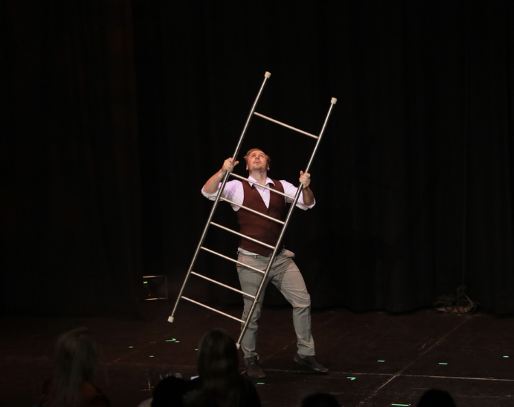 CircArts performer balancing a free-standing ladder on stage