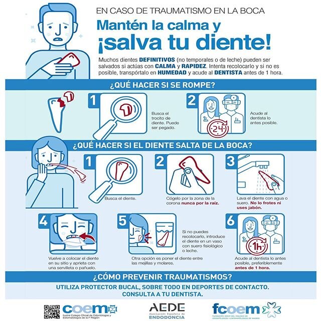 El Colegio de Odont&oacute;logos de Madrid @dentistas.coem, junto con la Asociaci&oacute;n Espa&ntilde;ola de Endodoncia @aede_endodoncia ,ha lanzado recientemente una campa&ntilde;a explicando c&oacute;mo actuar ante un TRAUMATISMO DENTAL. Nos ha pa