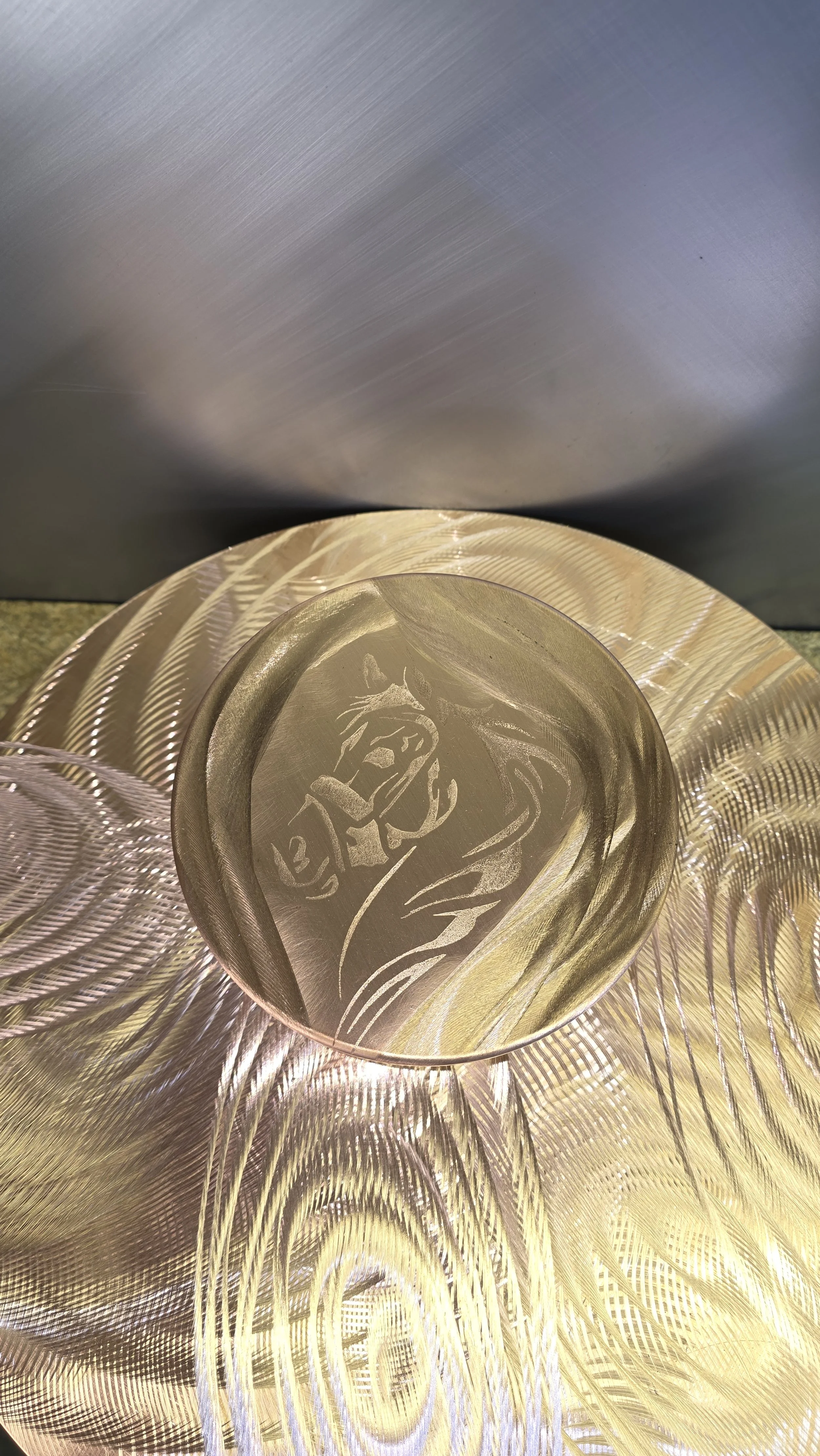 Copper cannister with rolled edge and horse etching