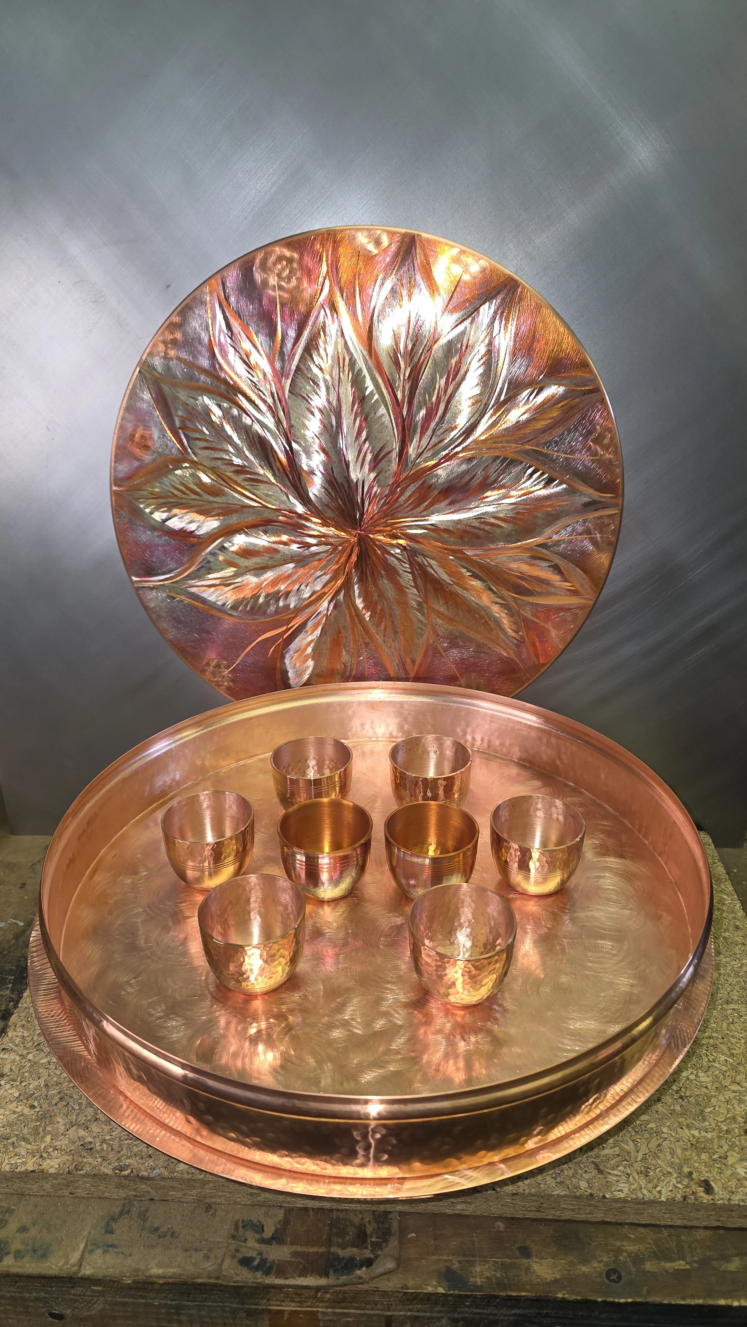 Large copper flower serving set with 8, 2oz cups