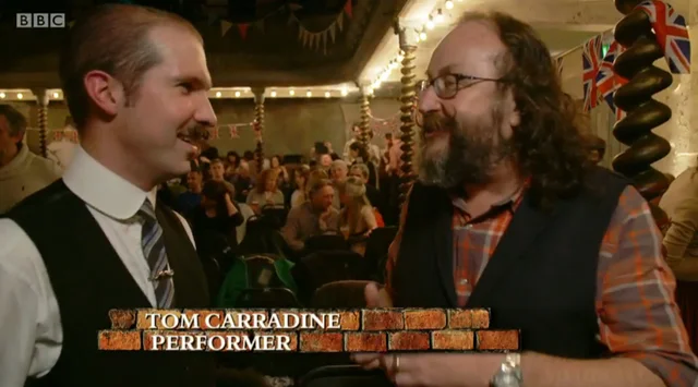 Being interviewed by Dave Myers on BBC Two's "The Hairy Builder" at Wilton's Music Hall