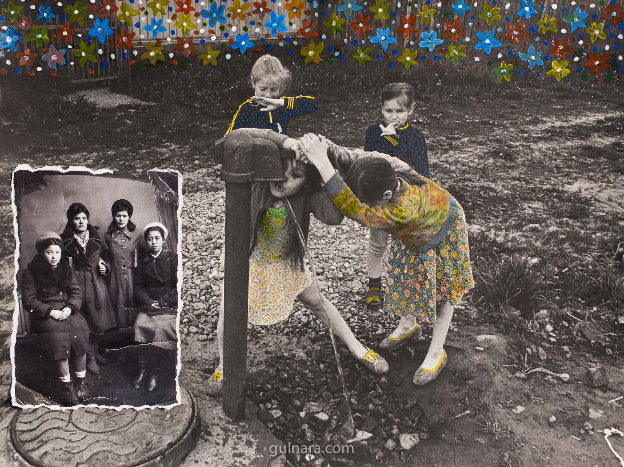 Together with her sisters, Gulnara’s grandmother (second from the left) is featured in a small photograph taken in 1947. This older work is collaged together with a more recent photograph of a group of girls happily drinking from a water fountain. Their relaxed and carefree attitudes contrast with the group portrait of the artist’s grandmother, where the women appear immobile and grave. Whereas family photographs usually communicate stories of familial unity and integration in line with middle-class aesthetics, Gulnara’s photo-collages challenge such a function. Instead, they reflect her own path to come to terms with her family’s turbulent history and the memories cultivated by her relatives. The photographs in this series articulate and visualize her multiple identities and her use of the album as a means of interrogating her relationships with her significant others. Untitled from the series ‘Lost Family’ Gelatin Silver print, collage, oil paint 1987-2015 
