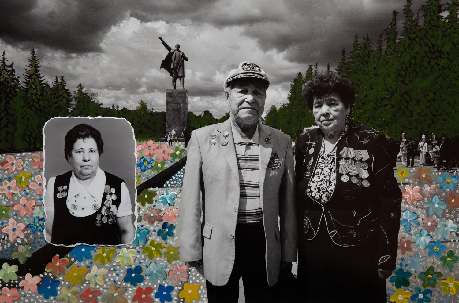  An elderly couple wearing World War II medals posing in front of a Lenin sculpture in Ufa, Bashkortostan. The artist has superimposed a photograph of her grandmother who was a nurse during the same war. This work explores the ways in which photograp