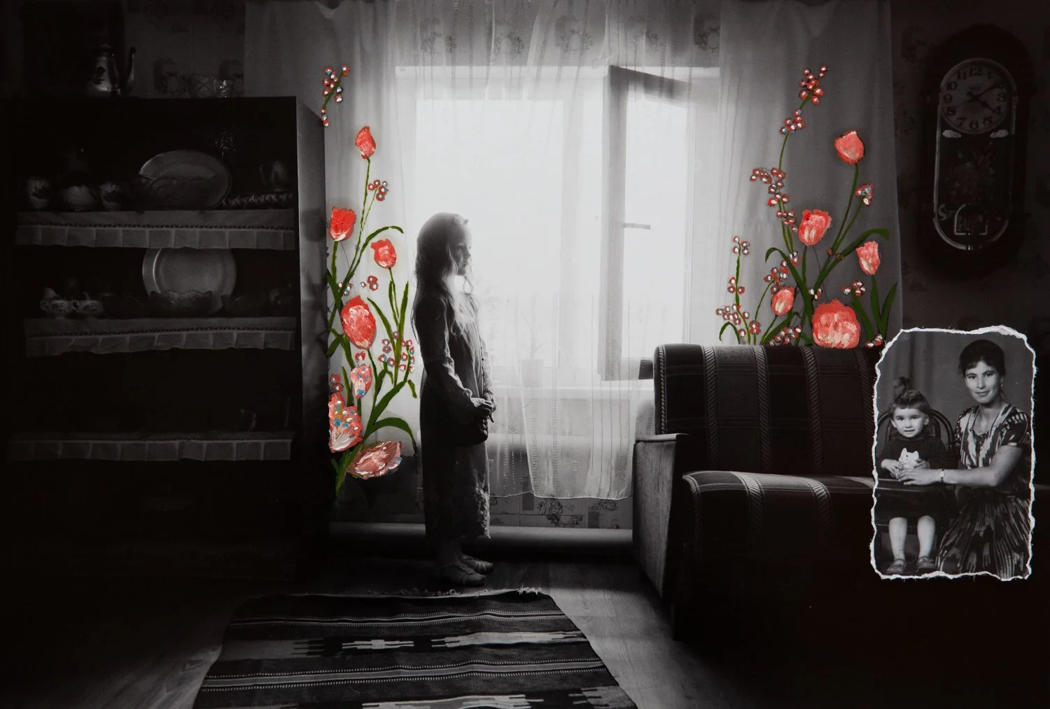  This piece is dedicated to Gulnara’s relationship with her mother and her childhood. A portrait of the artist’s mother and herself as a toddler hovers in the right side of the compositions. A young girl dreaming by the open window.  In Gulnara’s con