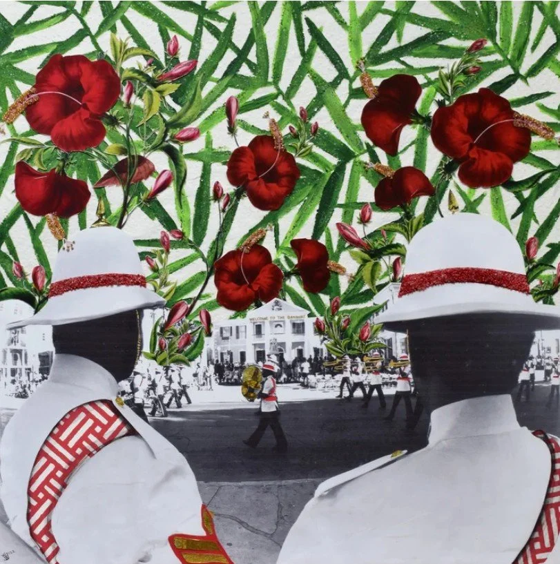 "Bay Street Band" (2022),  collage with acrylic, beads, and glitter on canvas