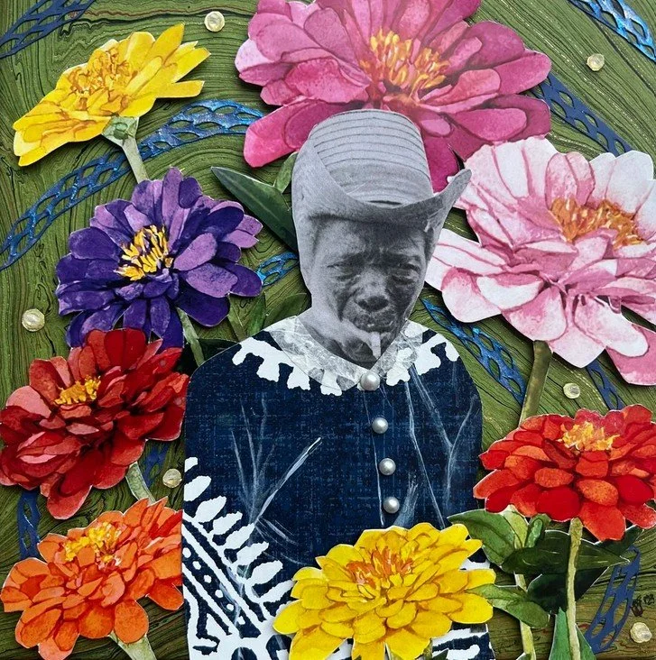 "Smoke in the Garden" (2023),  mixed media collage on canvas