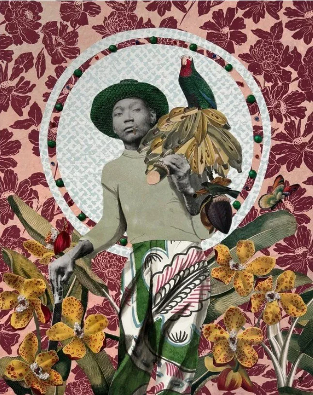 "Flora &amp; Fauna I" (2023),  mixed media collage on canvas