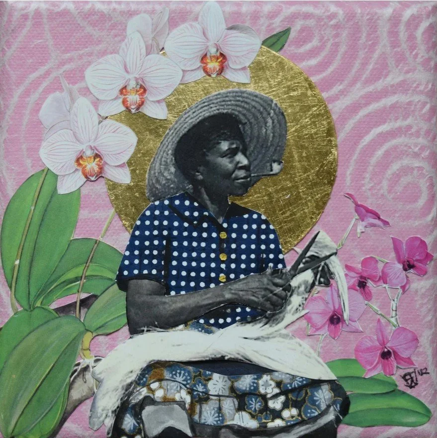 "Orchid Series IV" (2022), collage with gold foil on canvas