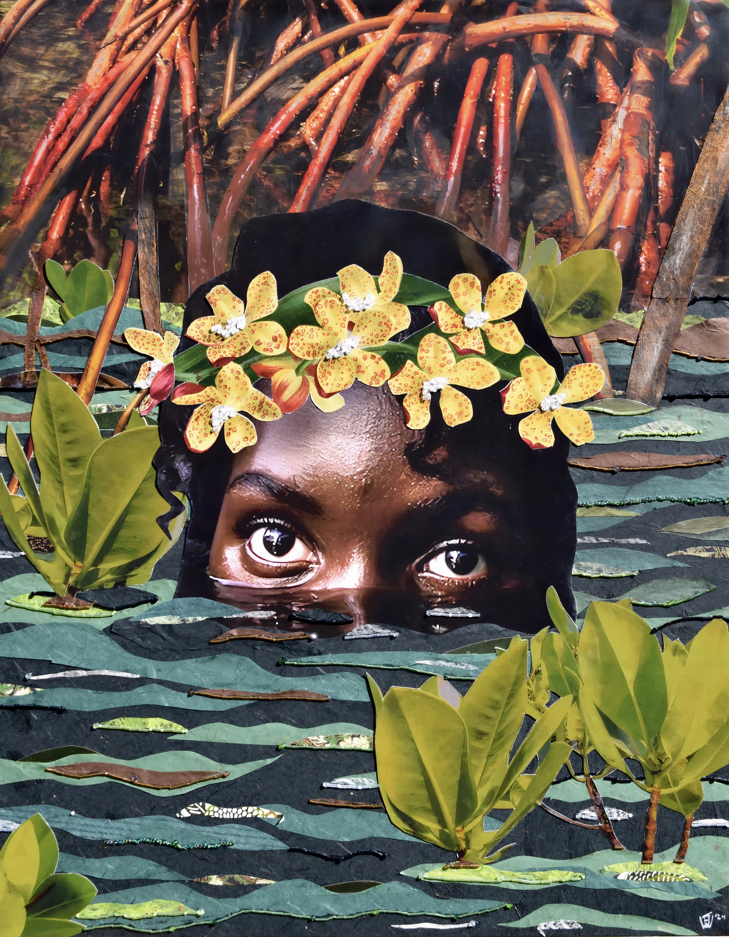"The Souls That Live Below" (2024), collage with paper, acrylic, and beads on canvas