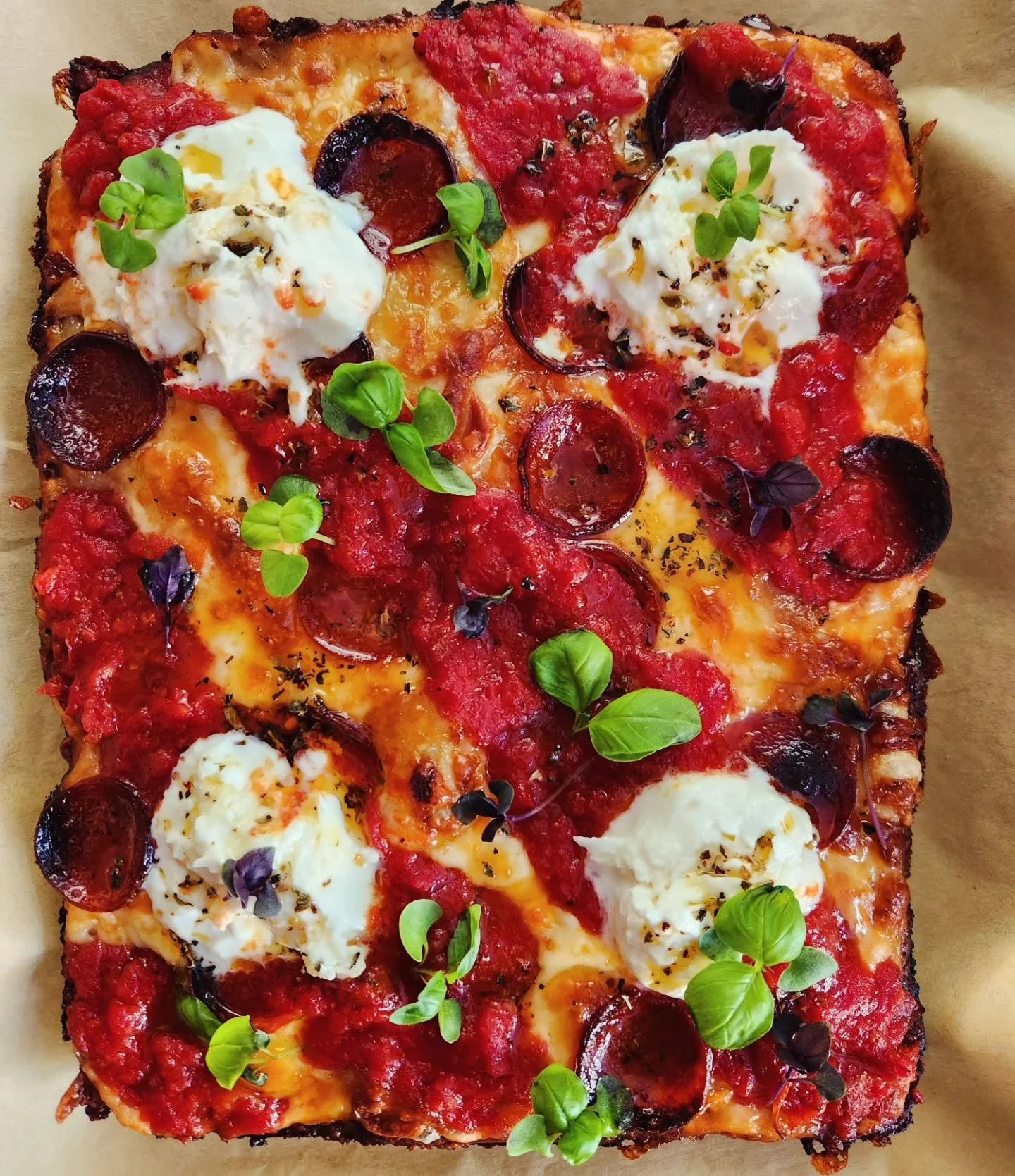 This week's features are here. 

Pepperoni, garlic confit, N'duja spiked Amatriciana, burrata, herb oil and basil micros.

Roasted grapes, Gorgonzola Dolce, shallots, pickled radicchio, pomegranate agrodolce, rosemary and pink peppercorns.