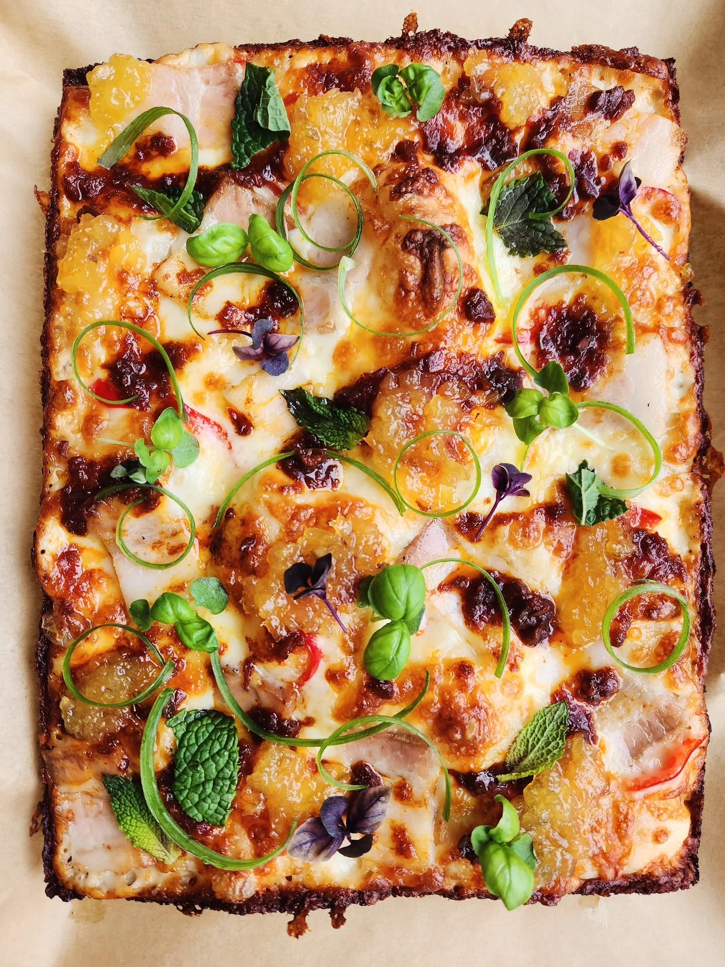 Hey out there. This week's feature has pork belly, pickled fresno chilies, house sambal, pineapple/lime marmalade, mint, scallions and basil.

Yuzu/meyer lemon sorbet is on!